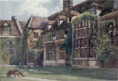 THE OLD COURT IN EMMANUEL COLLEGE The large stained-glass window of the Hall is seen on the right, and beyond that the window of the Combination Room. The Dormer window of Harvard’s room is seen on the extreme left.