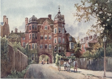 NEWNHAM COLLEGE, GATEWAY This shows the east front, and is called the Pfeiffer Building. The whole of the buildings are in the Queen Anne style, and were designed by Basil Champneys. The Bronze Gates were placed here as a memorial to Miss Clough.