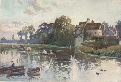 THE GRANARY ON THE CAM Coe Fen is on the left, and Prof. George Darwin’s House on the right of the Granary. This view is taken close to Queens’ College.