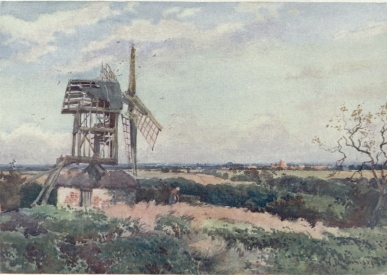 MADINGLEY WINDMILL This old ruin is on a hill near Madingley, about four miles from Cambridge. A great sweep of Fen Country is seen in the far distance. The long range of red buildings in the middle distance is Girton College. On a clear day Ely Cathedral can be seen from the left of the windmill.