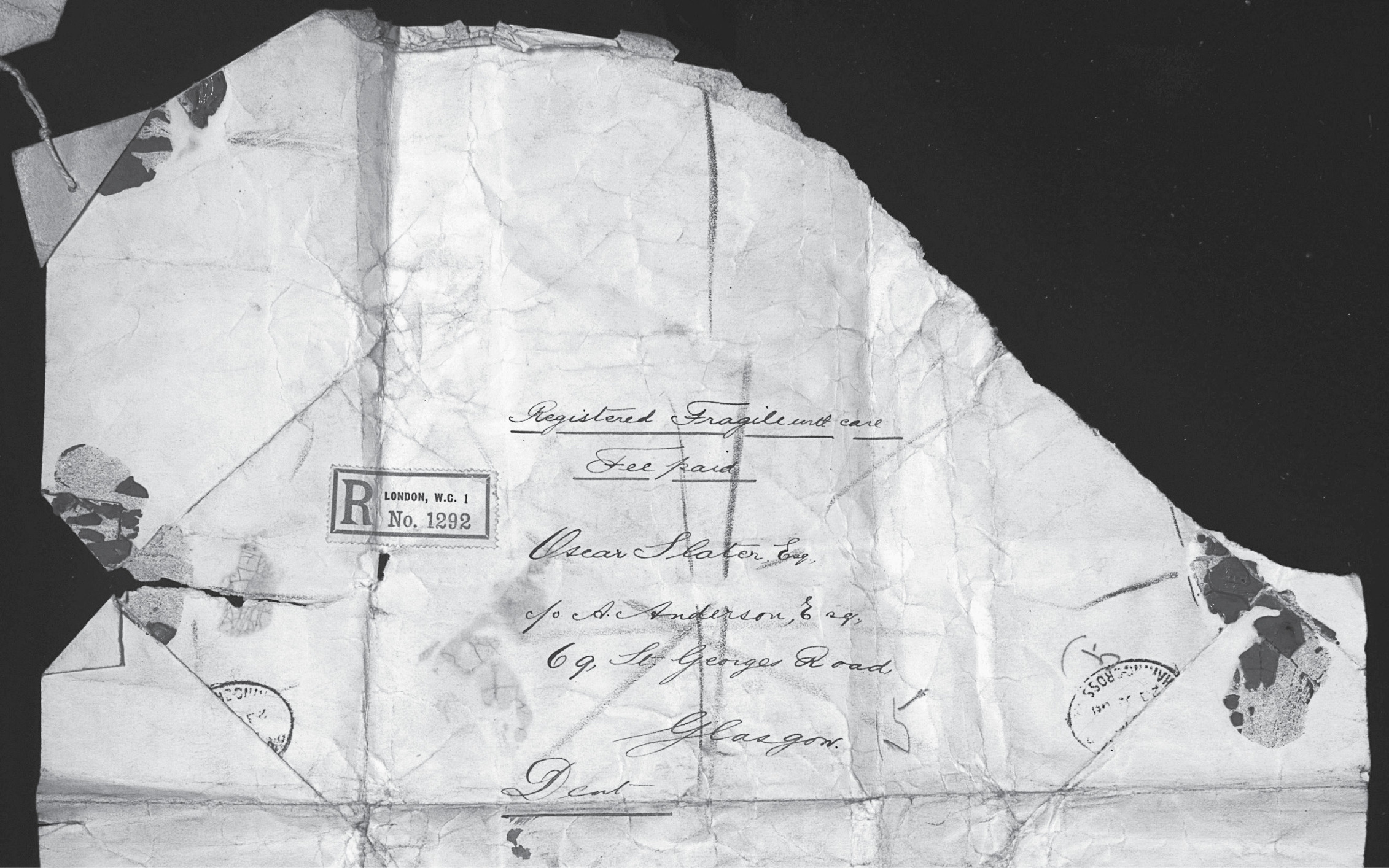 This torn paper wrapper, addressed “Oscar Slater, Esq., c/o A. Anderson,” first put the police on Slater’s trail.