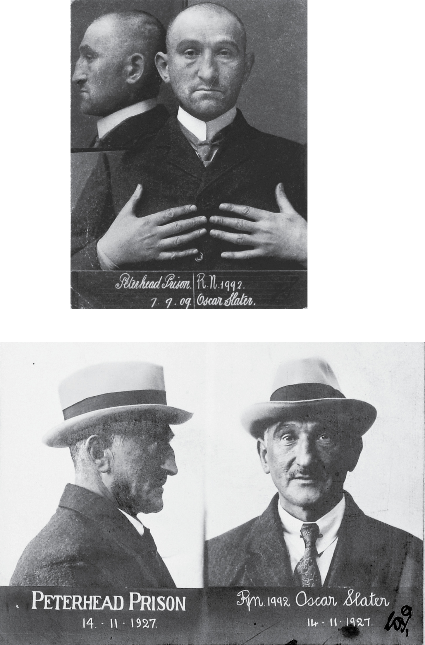 Before and after: Oscar Slater (top) on his admission to Peterhead Prison in 1909 and (bottom) on his release in 1927