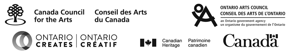 Canada Council for the Arts logo, Ontario Arts Council logo, Ontario Creates logo, Canadian Heritage logo.