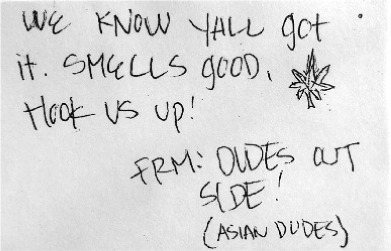 While it seems funny, this note, which was left on the door of a largescale grow in California, caused a complete tear down of the operation which ultimately cost over $250,000 and led to significant delays in production. Keep your work discreet.