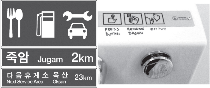 Snaphots showing Korean highway sign offering unambiguous pictographs: food, gas, auto repair and pictographs on the bathroom hand drier.