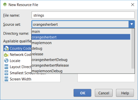 New Resource File dialog box displaying strings input in the File name text box, orangesherbert in the Source set, highlighted orangesherbert in the Directory name, and Country Code in Available qualifiers.