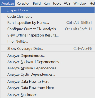 Analyze drop-down menu displaying options for Inspect Code… (highlighted), Code Cleanup…, Run Inspection by Name…, Configure Current File Analysis…, View Offline Inspection Results…, etc.