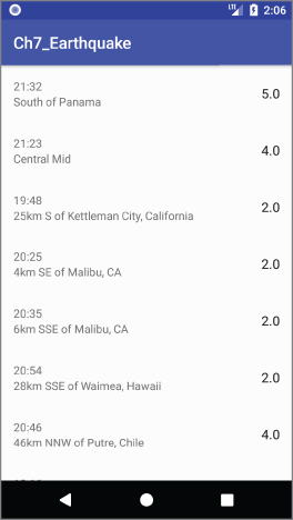 An android phone screen with “Ch7_Earthquake” indicated at the top-most portion displaying South of Panama having a value of 5.0 at 21:32, Central Mid having a value of 4.0 at 21:23, etc.