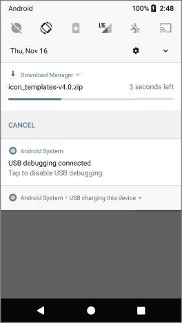 An android phone screen displaying icon_templates-v4.0.zip file being downloaded by the Download Manager with 3 seconds remaining download progress.