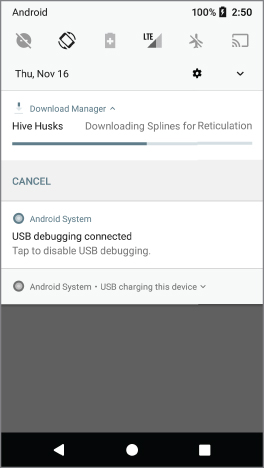 An android phone screen displaying Hive Husks being downloaded by the Download Manager with no download time progress being displayed.