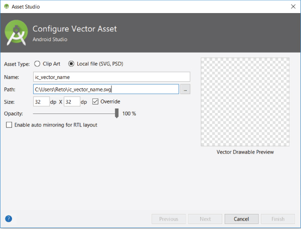 Vector Asset Studio dialog box with 2 radio buttons for asset type labeled clip art and local file (SVG, PSD), entry fields for name, path, and size, scale for opacity, and vector drawable preview at the right.