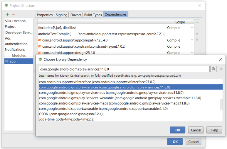 Android Studio's Project Structure UI with selected “app” within modules section of the left navigation, displaying “Dependencies” tab. Under “Dependencies tab” is “Choose Library Dependency” dialog box.