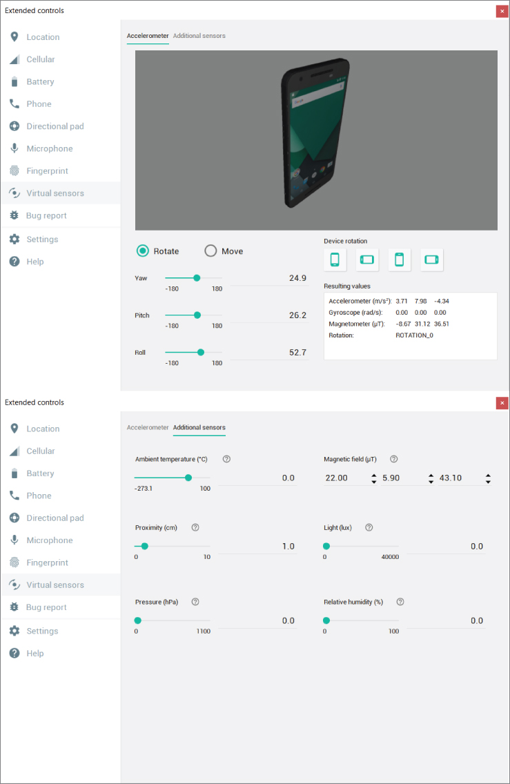 Extended controls screen with virtual sensor selected in the tool column, displaying a photo of a smart phone on the right. Below is a box for resulting values labeled accelerometer, rotation, gyroscope, etc.