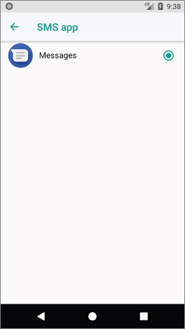 Android phone screen displaying an icon labeled Messages on the SMS app settings. On the right side of the icon is a selected radio button and 3 home buttons at the bottom of the screen.