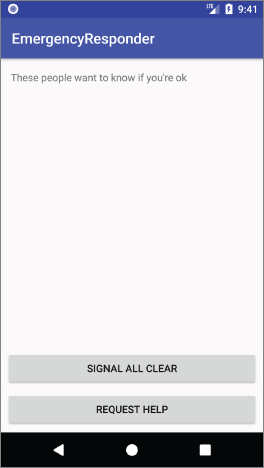 Android phone screen displaying the emergency responder app with label These people want to know if you're ok. Two horizontal command buttons are labeled Signal All Clear and Request Help above the home buttons.