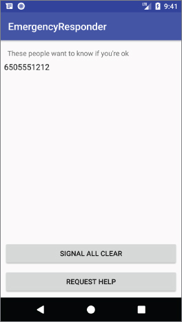 Android phone screen displaying emergency responder app with label These people want to know if you're ok with the number 6505551212. 2 Horizontal command buttons are labeled Signal All Clear and Request Help at the bottom.