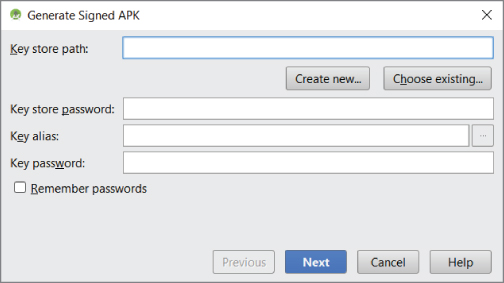 Generated Signed APK dialog box displaying the Create New and Choose existing buttons below data entry field for Key store path with another 3 entry fields for Key store password, alias, and password below the Key store path.