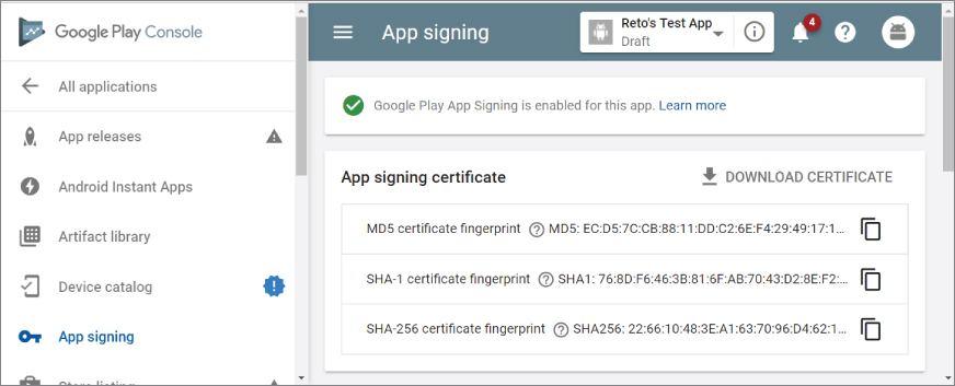 Google Play Console app (left) on an android phone screen with the app signing tab on the right displaying app signing certificate list box labeled MD5, SHA-1, and SHA-256 certificate fingerprint(top to bottom).