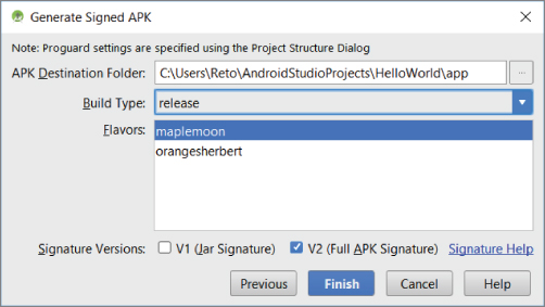 Generated Signed APK dialog box displaying data entry field labeled C:\Users\Reto\Android… for APK destination folder; drop-down list box labeled release for build type; and flavors list box with highlight on maplemoon.