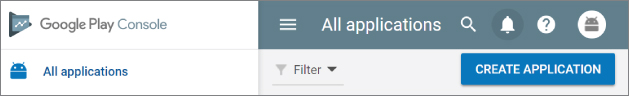 Google Play Console displaying the All applications tab with a drop-down button labeled Filter on the left and Create Application button on the right.