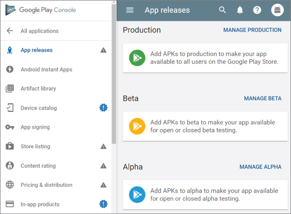 Google Play Console sidebar displaying App releases, Android Instant Apps options, etc., on the left and the App releases view on the right with labeled text boxes for Production, Beta, and Alpha (top to bottom).