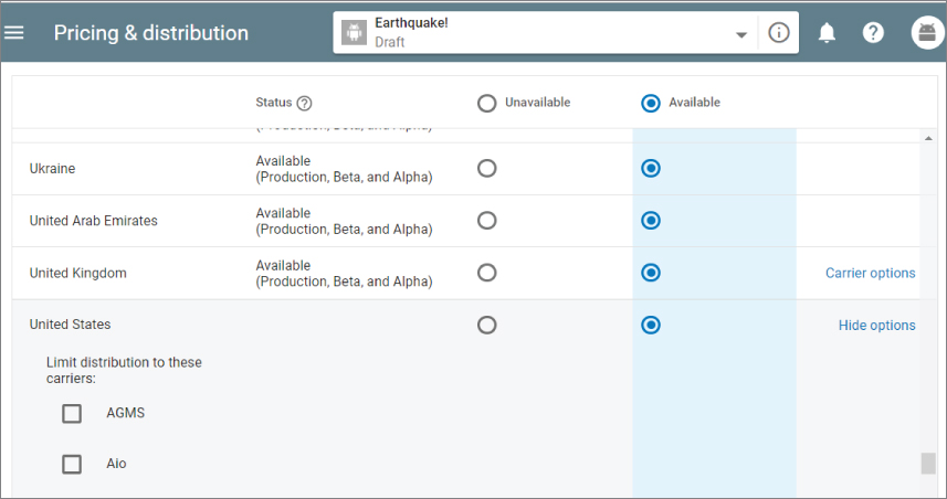 Pricing and distribution window with a drop down list bar labeled Earthquake! displaying rows labeled Ukraine, United Arab Emirates, and United Kingdom with marked radio button representing available.