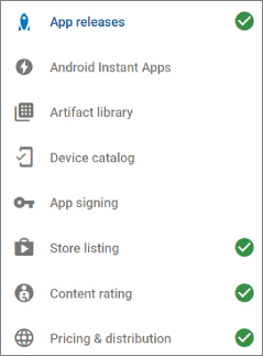 Navigation bar displaying tick marks at App releases, Store listing, Content rating, and Pricing and distribution options.