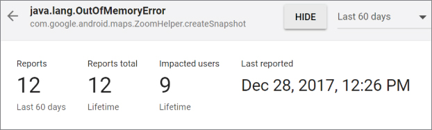 Dialog box for java.lang.OutOfMemoryError with a button and a drop down list bar at the top right corner labeled Hide and Last 60 days, respectively. At the bottom are texts labeled Reports (12), Reports total (12), etc.