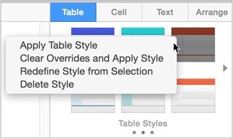 **Figure 30:** To see style-related commands, Control-click a style sample in the Table pane.