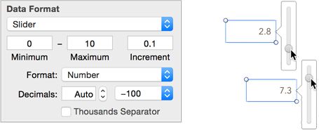 **Figure 58:** Left: The setup for a slider control. Right: Sliders pop out from formatted cells.