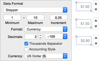 **Figure 59:** Left: The options for the Stepper control. Right: The results of repeated clicks in the control for a formatted cell; the values increment by .25, as defined.