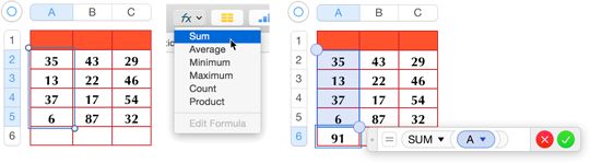 **Figure 88:** Using the Function button. Left to right: Selected cells, the Function menu, and the formula in the cell beneath the selection.