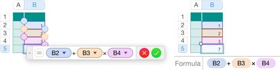 **Figure 98:** Left: When the editor is open, the cells’ colors match their tokens. Right: A selected formula cell has color-keyed cells in the table and tokens in the Smart Cell View at the bottom of the window.