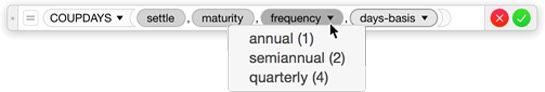 **Figure 100:** Each argument for COUPDAYS is represented by a token. The frequency menu tells you which numbers the function accepts as a frequency parameter, and what they stand for.