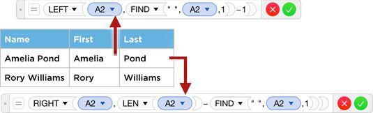 **Figure 110:** Extracting first and last names from a full name. These are basic formulas that don’t deal with three names, such as _Sarah Jane Smith,_ in the originating field (or take into account that Rory was often called “Rory Pond”).