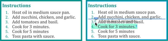 **Figure 162:** Left: The original list. Right: Dragging the fourth line upward. The blue triangle on the dragged “ghost” shows that the line will be indented in the list.