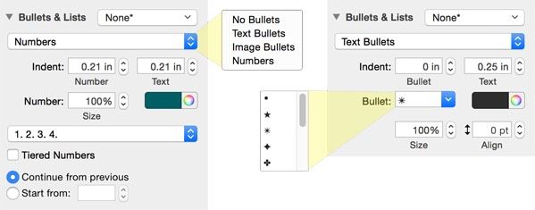 **Figure 163:** Left: Options in the Bullets & List section change based on your choice from the second pop-up menu. Right: The Bullet menu has 11 bullet-worthy characters but you can insert your own.