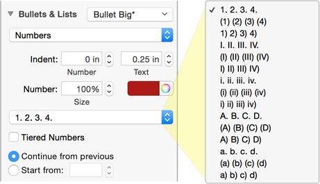 **Figure 166:** The number list options include not only different kinds of numbers and letters, but also punctuation choices.