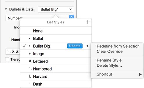 **Figure 167:** In the List Styles popover, you can click the arrow menu for any style name to see its submenu. This figure shows the built-in list styles and a user-defined list style called Bullet Big.