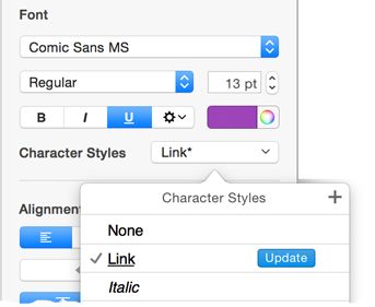 **Figure 171:** The Character Styles popover.