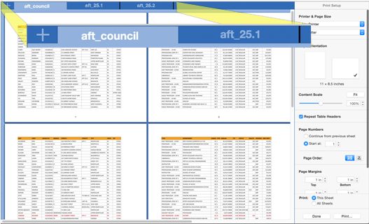 **Figure 185:** A multi-page sheet in preview mode for printing. The tabs along the top are for other sheets in the document; the Add button at the left is non-functional.