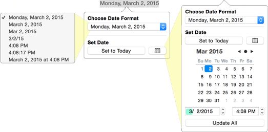 **Figure 187:** The popover for the date smart field (center), and its pop-up options.