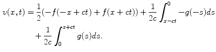 
$$\begin{aligned} v(x,t)&=\frac{1}{2}(-f(-x+ct)+f(x+ct))+\frac{1}{2c}\int_{x-ct}^{0}-g(-s)ds\\ &\quad+\frac{1}{2c}\int_{0}^{x+ct}g(s)ds.\end{aligned}$$
