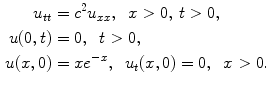 
$$\begin{aligned} u_{tt}&=c^2u_{xx},\;\;x>0,\,t>0, \\ u(0,t)&=0,\;\;t>0, \\ u(x,0)&=xe^{-x},\;\;u_t(x,0)=0,\;\;x>0.\end{aligned}$$
