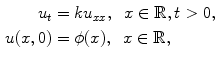 
$$\begin{aligned} u_t&=ku_{xx},\;\;x \in \mathbb R, t>0, \\ u(x,0)&=\phi(x), \;\;x \in \mathbb R,\end{aligned}$$
