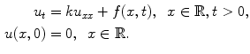 
$$\begin{aligned} u_t&=ku_{xx}+f(x,t),\;\;x \in \mathbb R, t>0, \\ u(x,0)&=0, \;\;x \in \mathbb R.\end{aligned}$$
