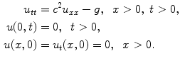 
$$\begin{aligned} u_{tt}&=c^2 u_{xx}-g, \;\;x>0,\;t>0, \\ u(0,t)&=0,\;\;t>0, \\ u(x,0)&=u_t(x,0)=0,\;\;x>0.\end{aligned}$$
