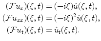 
$$\begin{aligned}(\mathcal{F} u_x)(\xi,t)&=(-i \xi) \hat u (\xi,t), \\ (\mathcal{F} u_{xx})(\xi,t)&=(-i \xi)^2 \hat u (\xi,t), \\ (\mathcal{F} u_t)(\xi,t)&= \hat u_t (\xi,t).\end{aligned}$$
