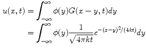 
$$\begin{aligned} u(x,t)&=\int_{-\infty}^{\infty}\phi(y)G(x-y,t)dy \\ &= \int_{-\infty}^{\infty}\phi(y)\frac{1}{\sqrt{4\pi kt}}e^{-(x-y)^2/(4kt)}dy\end{aligned}$$
