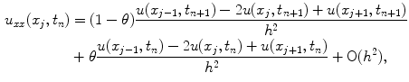 
$$\begin{aligned} u_{xx}(x_j,t_n)&=(1-\theta)\frac{u(x_{j-1},t_{n+1})-2u(x_j,t_{n+1})+u(x_{j+1},t_{n+1})}{h^2} \\ & +\theta \frac{u(x_{j-1},t_n)-2u(x_j,t_n)+u(x_{j+1},t_n)}{h^2}+\mathrm{O}(h^2),\end{aligned}$$
